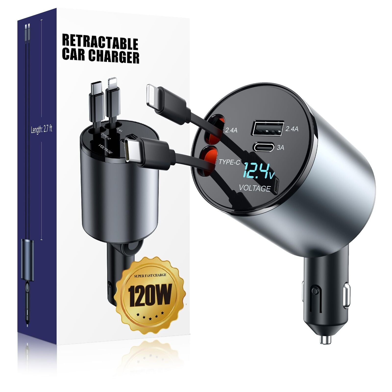 120W 4-in-1 Retractable Car Charger with USB-C & USB-A Fast Charging for iPhone Samsung Android