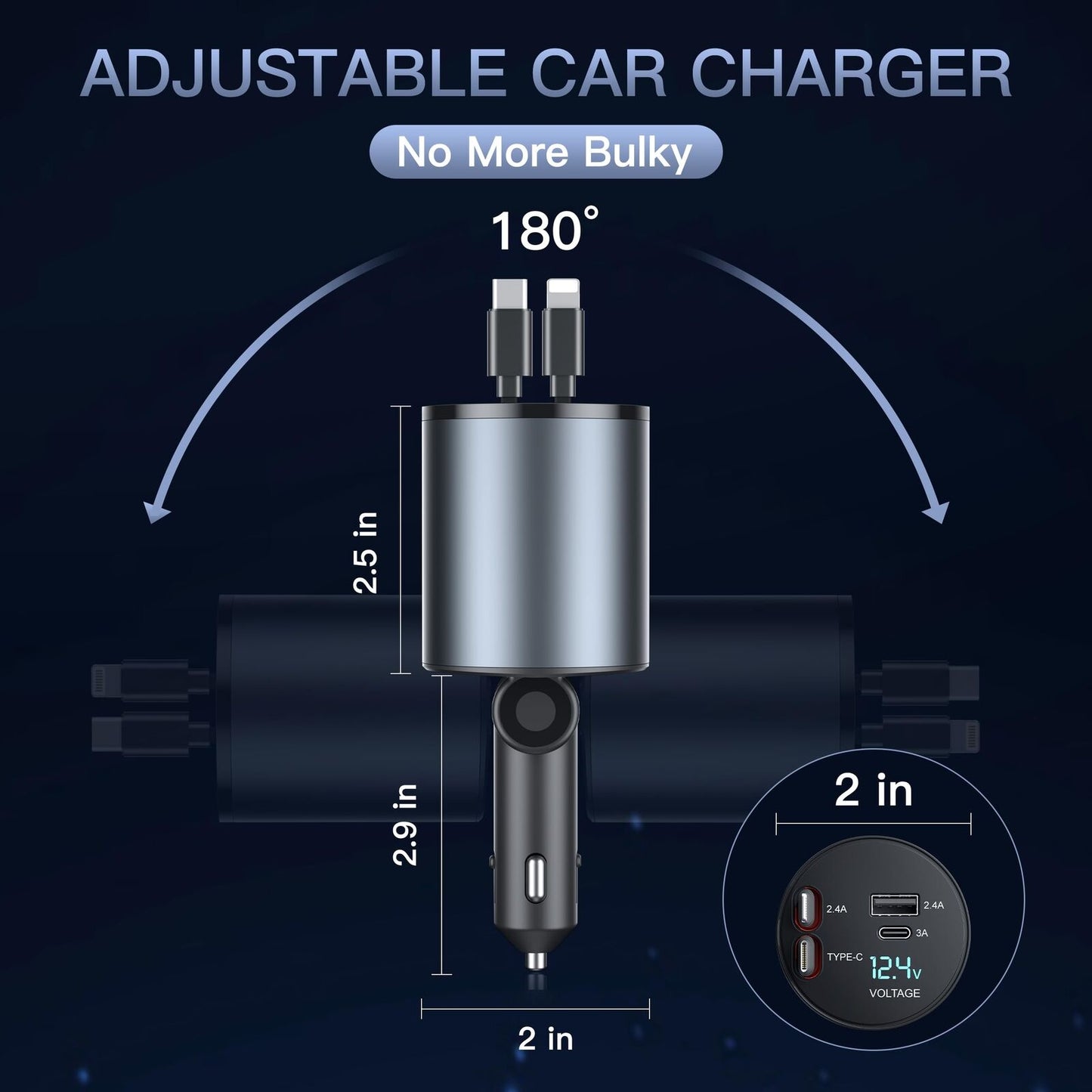 120W Retractable Car Fast Charger USB-C Power Delivery Dual USB Car Charger