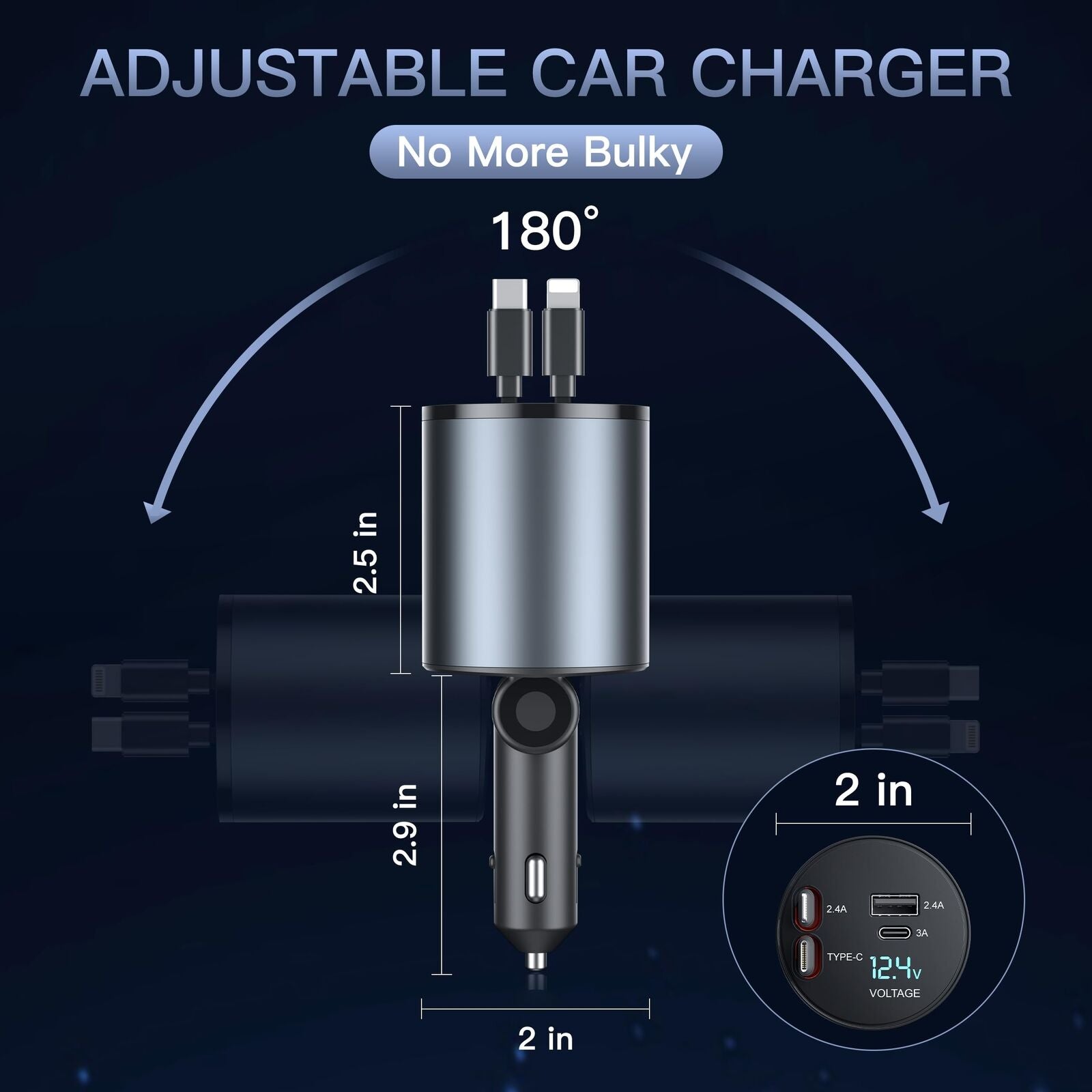 120W Retractable Car Fast Charger USB-C Power Delivery Dual USB Car Charger