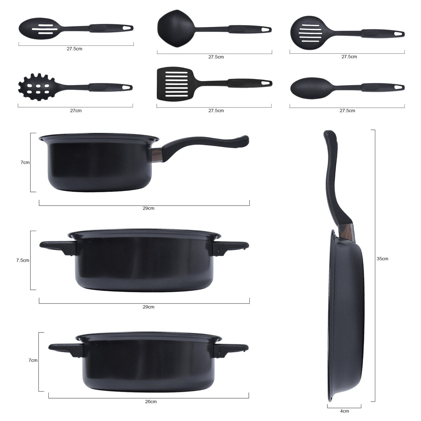 Black Non Stick Cookware Set with Kitchen Tools and Tempered Glass Lids