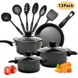 13 Piece Non Stick Cookware Set with Glass Lids and Kitchen Tools for Everyday Cooking