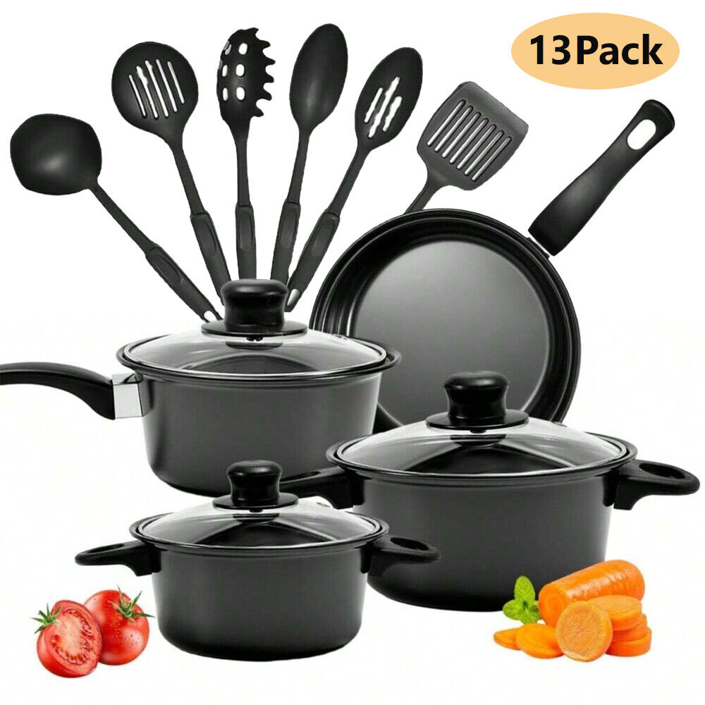 13 Piece Non Stick Cookware Set with Glass Lids and Kitchen Tools for Everyday Cooking