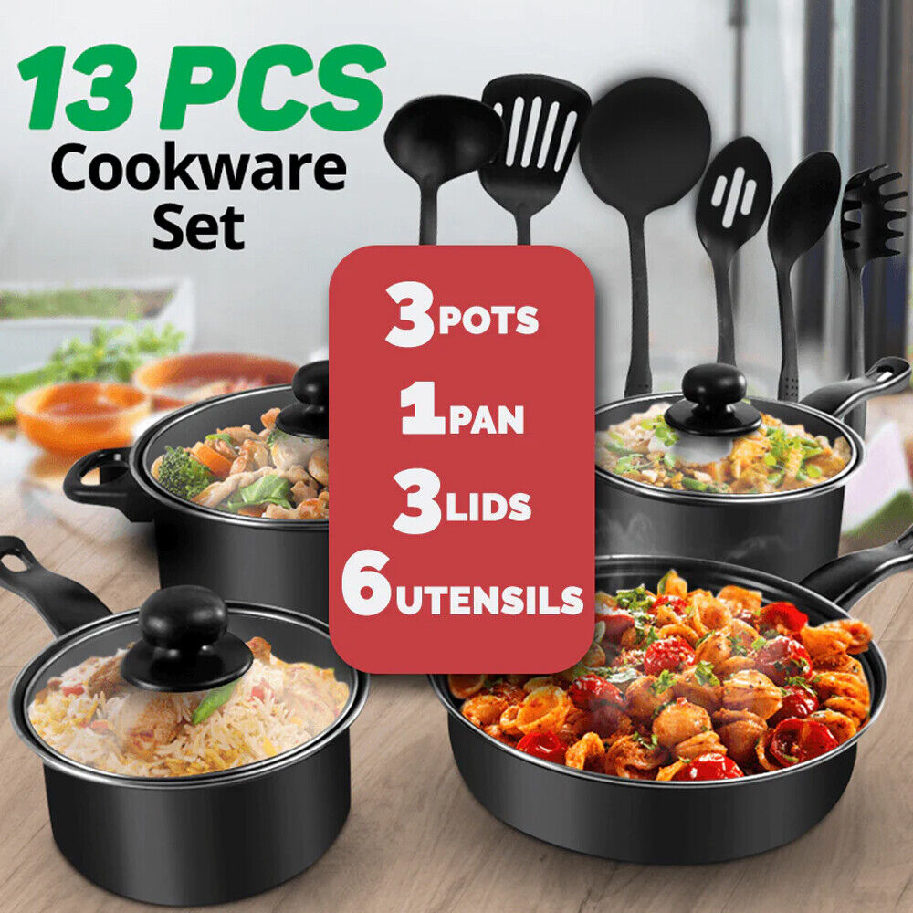 Non Stick Frying Pan and Saucepan Set with Glass Lids and Kitchen Utensils