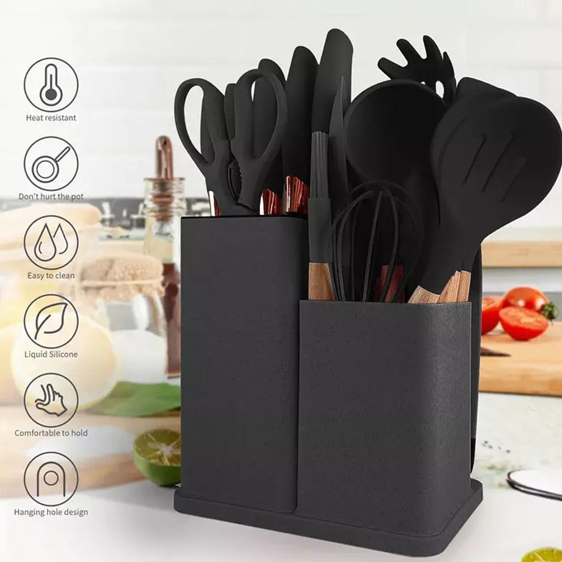 19 Piece Silicone Kitchen Utensil Set with Wooden Handles Heat Resistant Cooking Tools