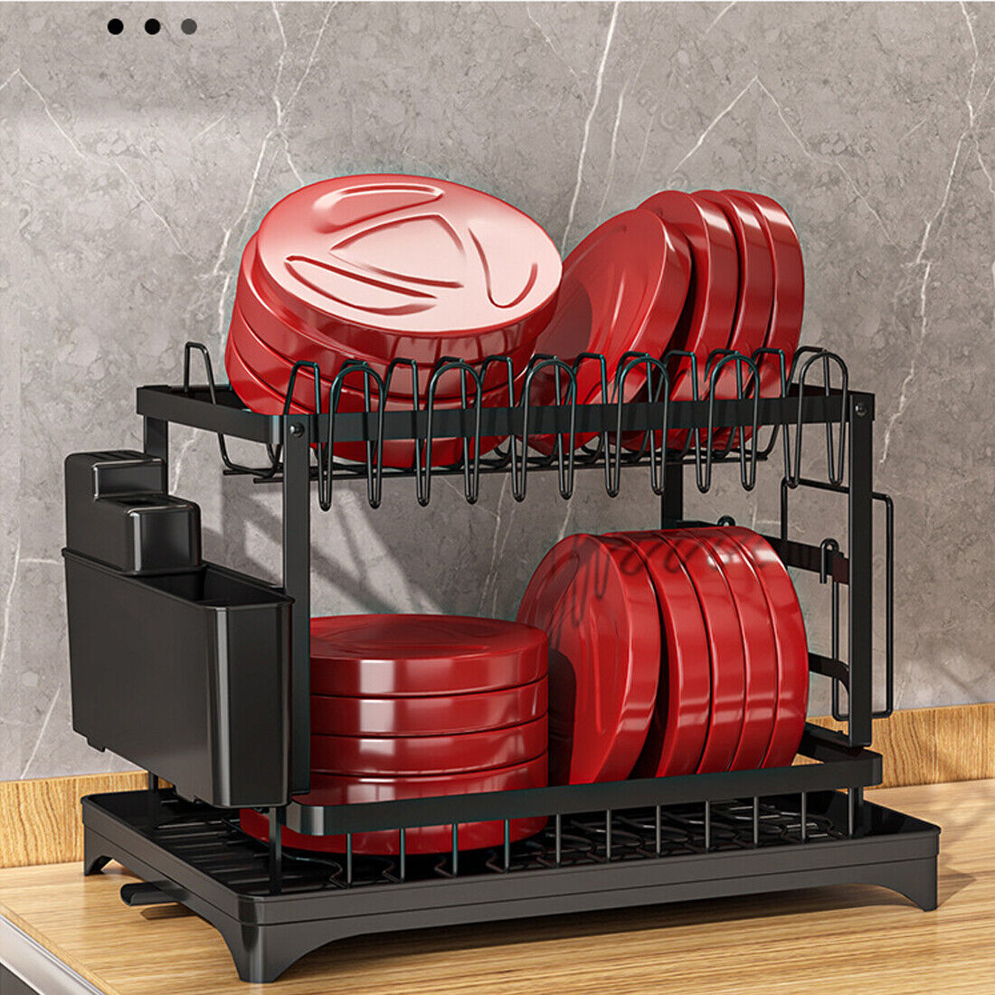 2 Tier Kitchen Sink Dish Drainer Rack with Drip Tray & Cutlery Holder for organised kitchen countertops.