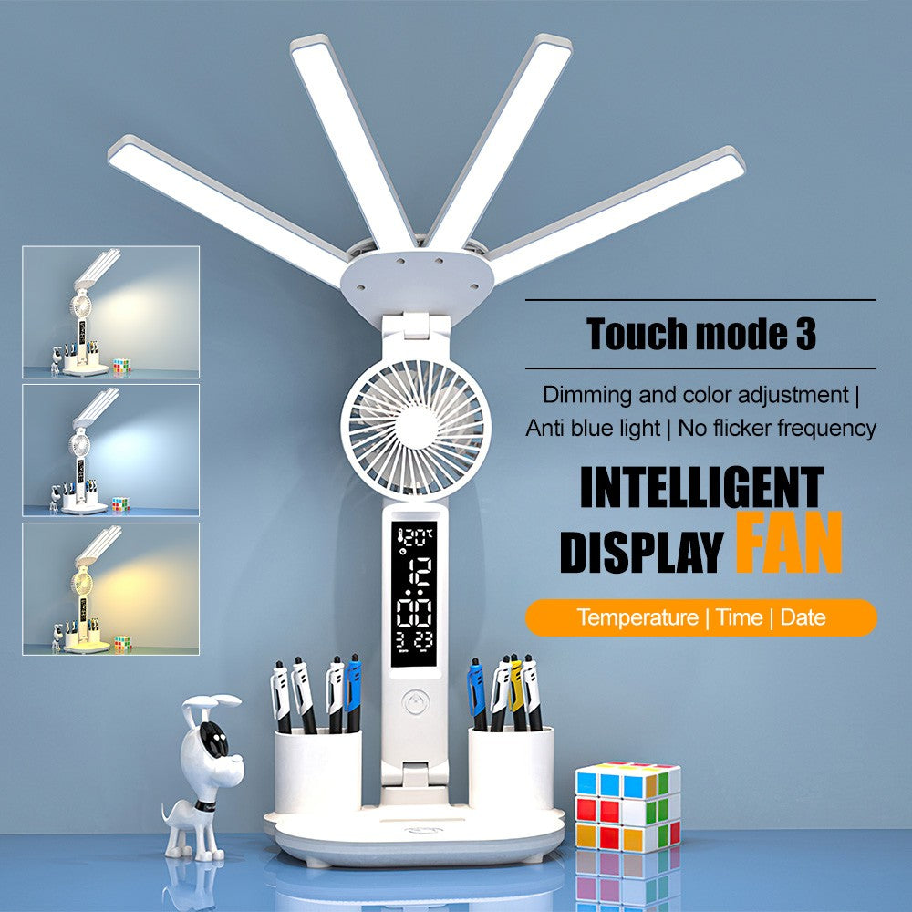 4 Head LED Desk Lamp with Fan, Digital Clock & Touch Dimmable Light for Home Office
