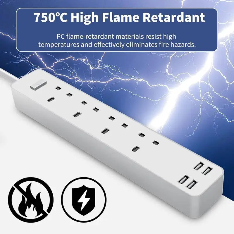 4 Way Power Extension Lead with 4 USB Smart Fast Charging 1.6m UK Plug for Multiple Devices