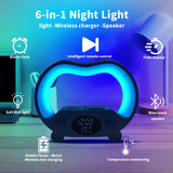 6-in-1 smart LED table lamp with 15W wireless charger, Bluetooth speaker, alarm clock, and RGB night light