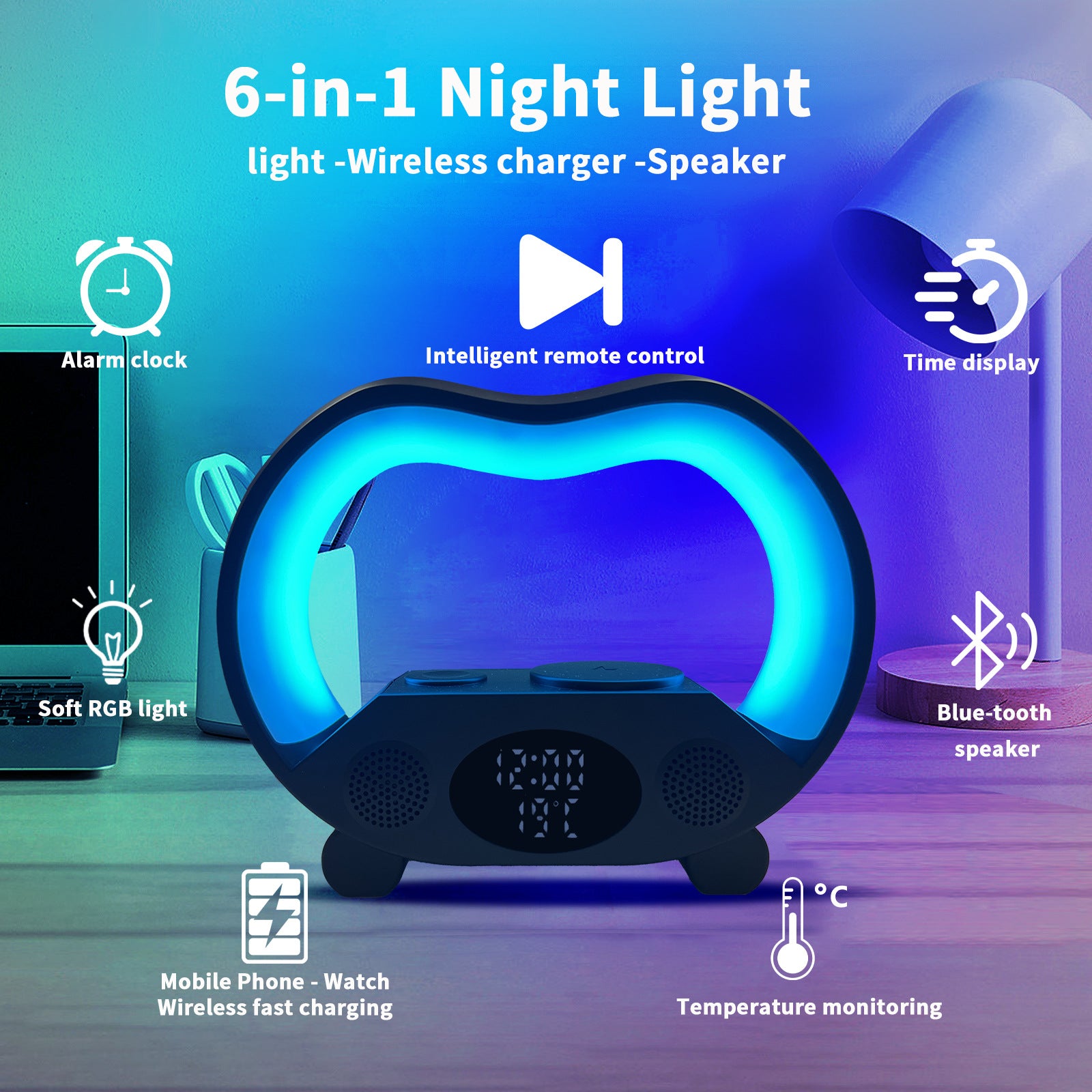 6-in-1 smart LED table lamp with 15W wireless charger, Bluetooth speaker, alarm clock, and RGB night light