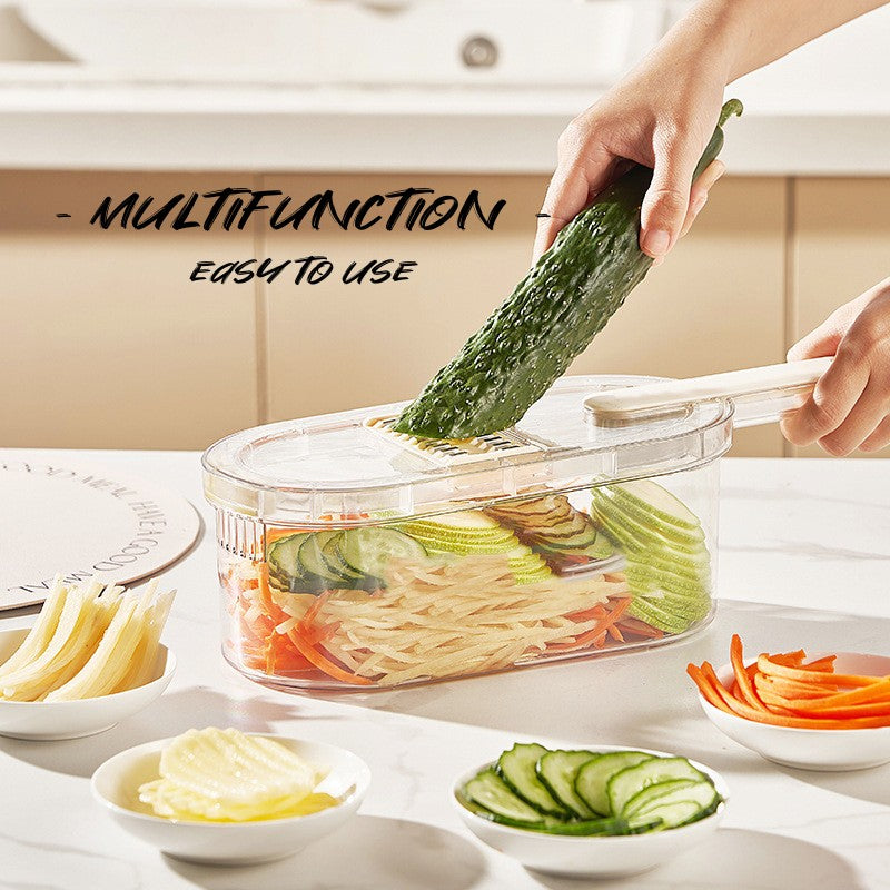 Multifunction vegetable cutter with basket and interchangeable slicing blades