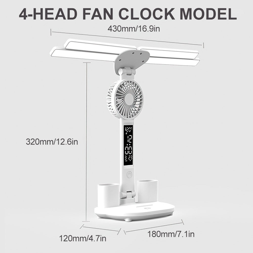 Adjustable 4 Head LED Desk Lamp with USB Fan and Digital Clock for Study Desk