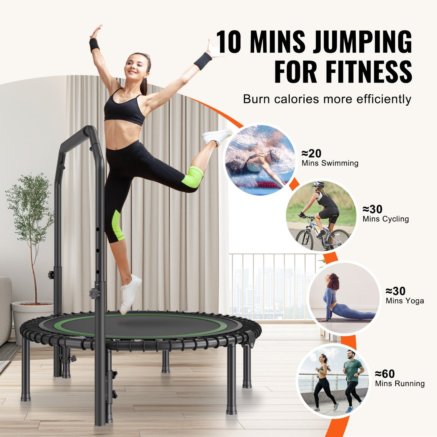 Adjustable Handle Fitness Trampoline for Indoor Workout, Weight Loss and Balance Training