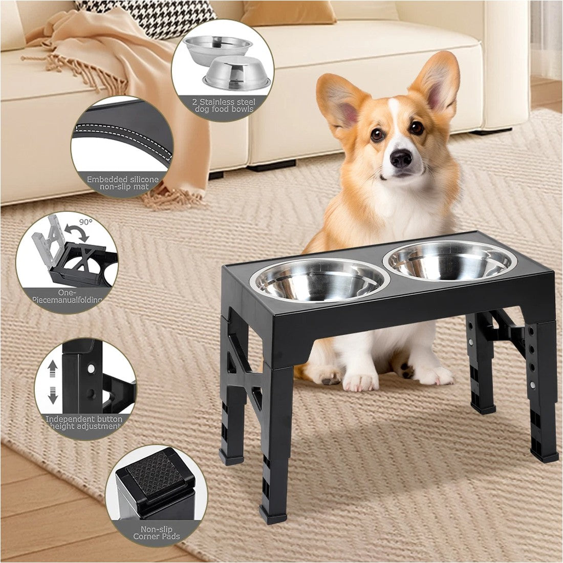 Adjustable Raised Dog Feeding Station with Stainless Steel Double Bowls for Large Dogs