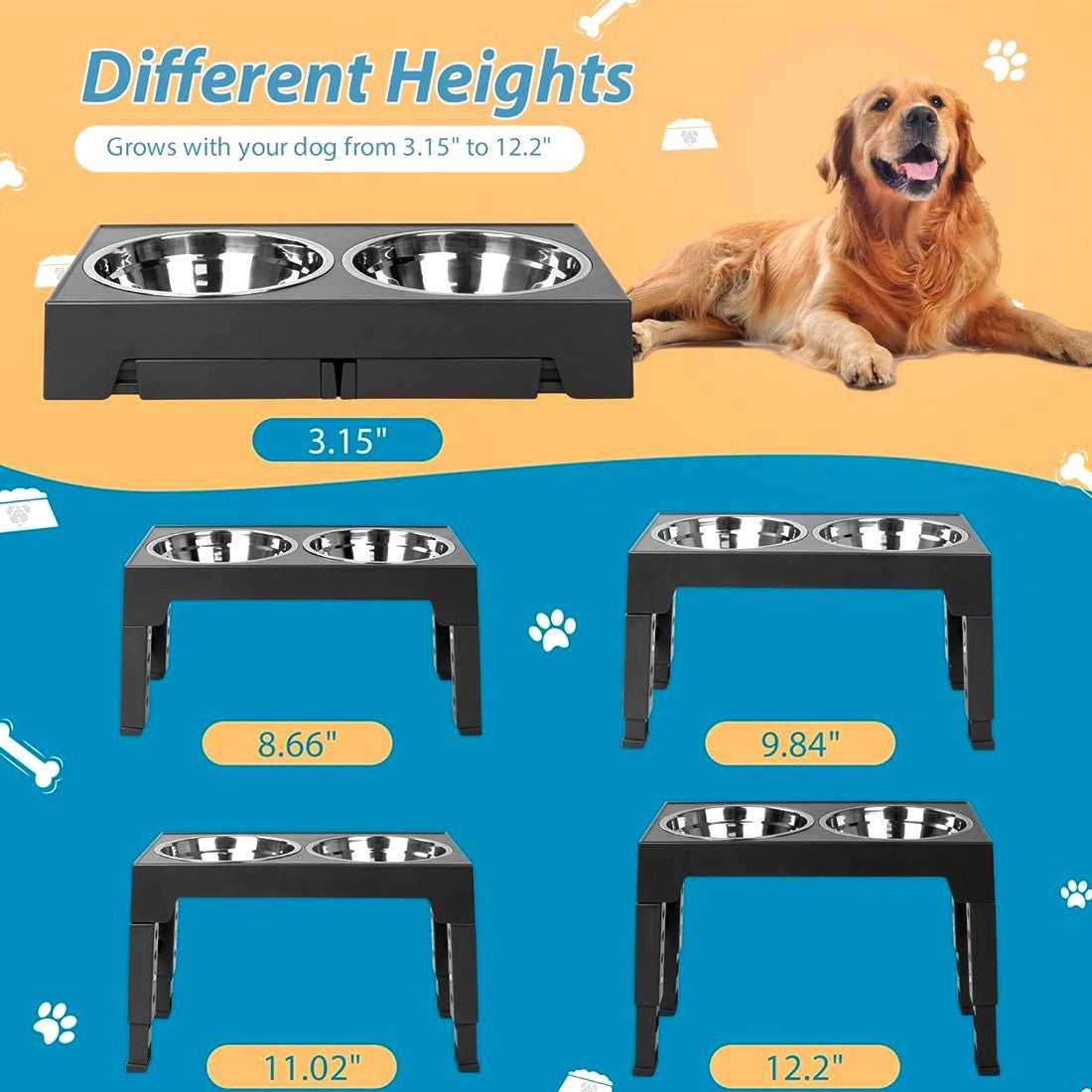 Premium Raised Dog Food Feeding Station with Stainless Steel Double Bowls