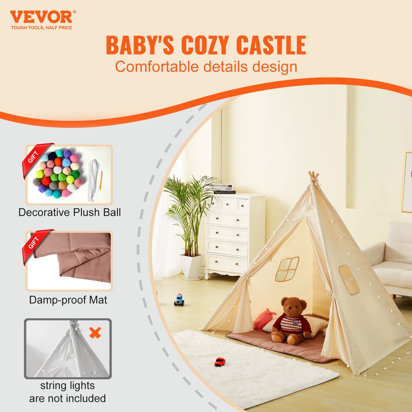 Beige Kids Play Tent with Soft Mat, Indoor Teepee Tent for Toddlers and Kids Bedroom