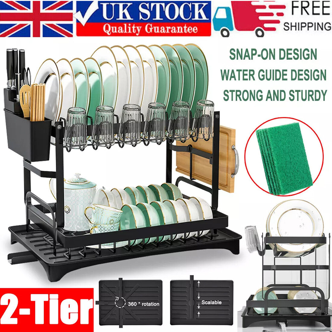 Carbon steel 2 Tier Kitchen Sink Dish Drainer Rack with Drip Tray & Cutlery Holder featuring anti-rust construction.