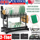Carbon steel 2 Tier Kitchen Sink Dish Drainer Rack with Drip Tray & Cutlery Holder featuring anti-rust construction.