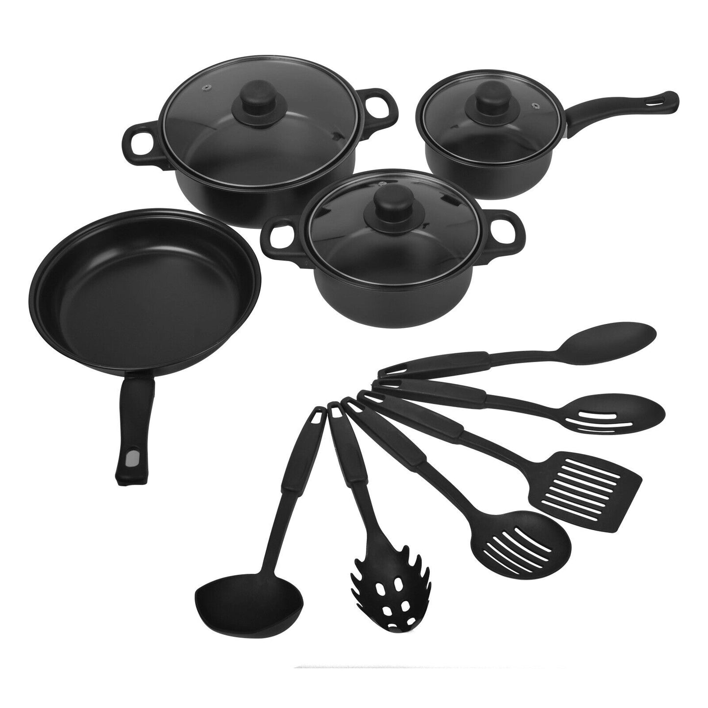 Complete 13 Piece Pots and Pans Set with Glass Lids and Kitchen Accessories