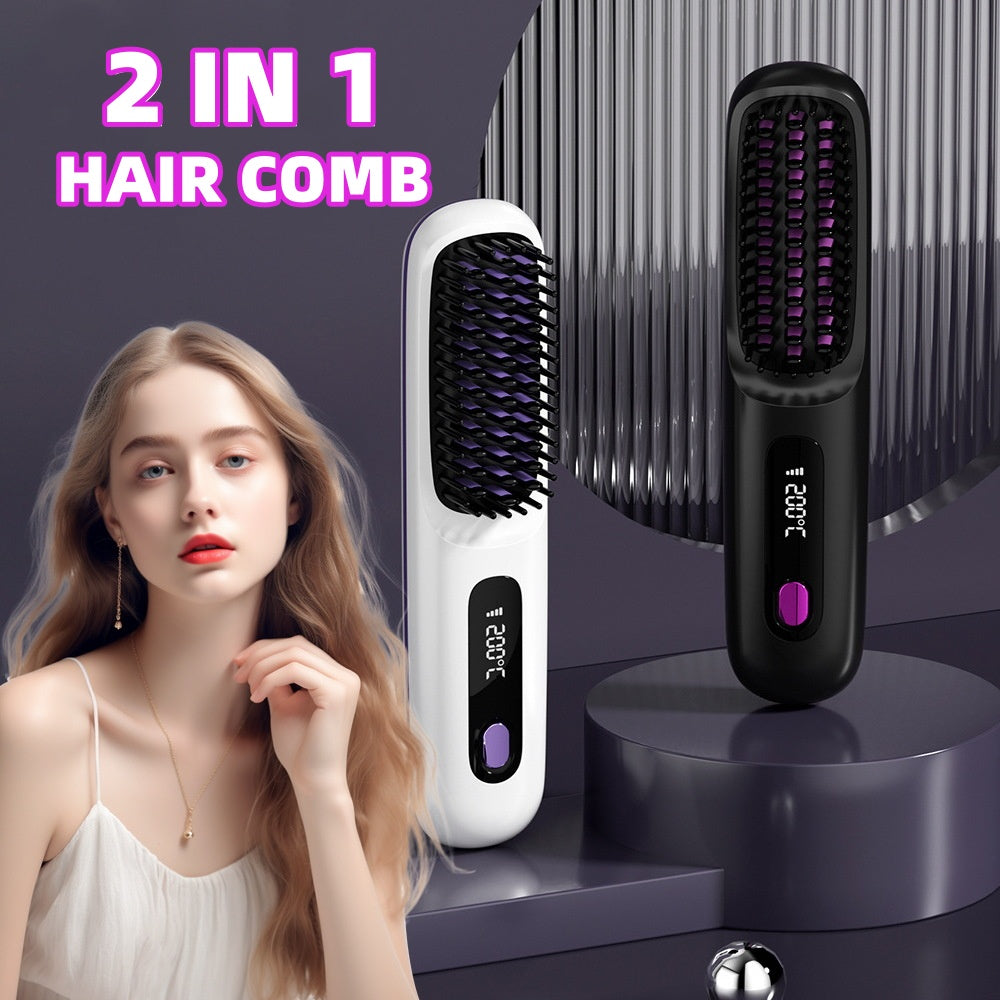 2-in-1 Hair Straightener & Comb – Portable USB Hot Hair Curler