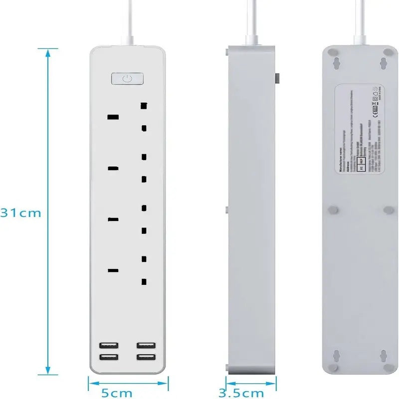 Fast Charging USB Extension Power Strip with 4 Sockets and 1.6m Heavy Duty Cable
