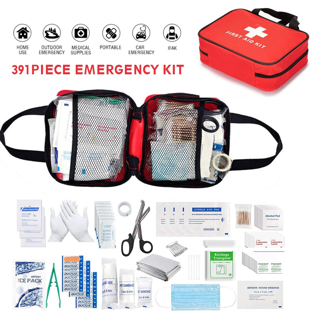 391 PCS Home Car Travel First Aid Kit with Essential Emergency Medical Supplies