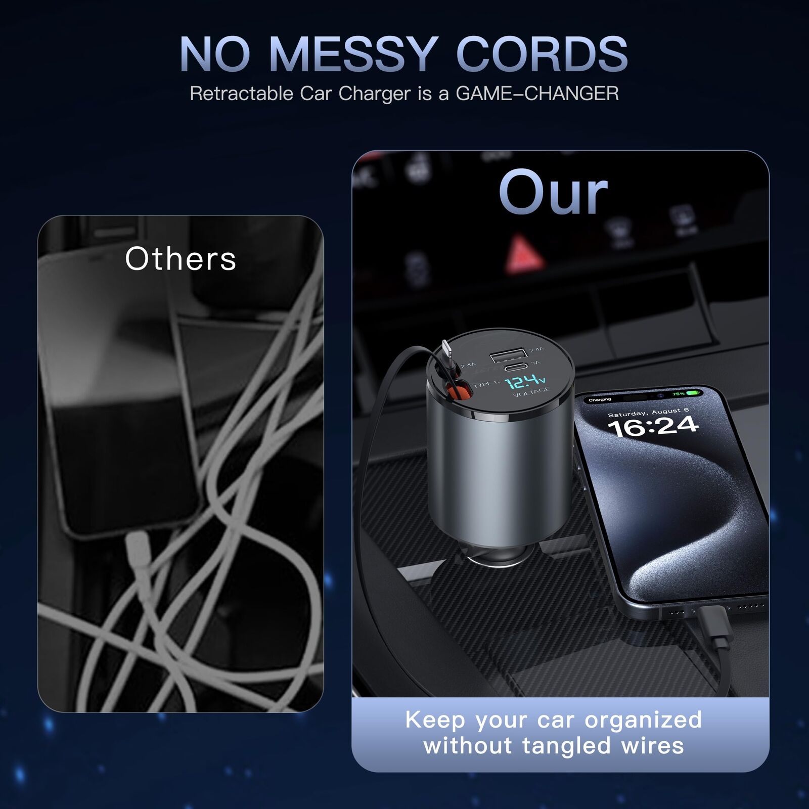 Multi Device Fast Car Charger with USB-C USB-A Retractable Charging Cables