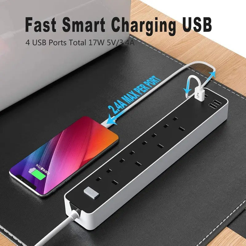 Multi Socket Extension Lead with USB Fast Charging for Home Office Gaming and Kitchen