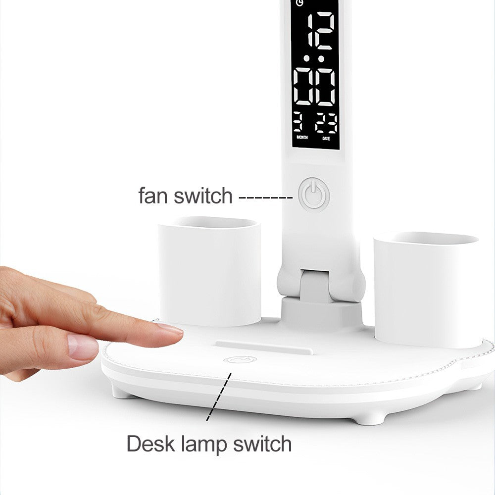 Multifunction LED Desk Lamp with Fan, Clock and USB Rechargeable Touch Light
