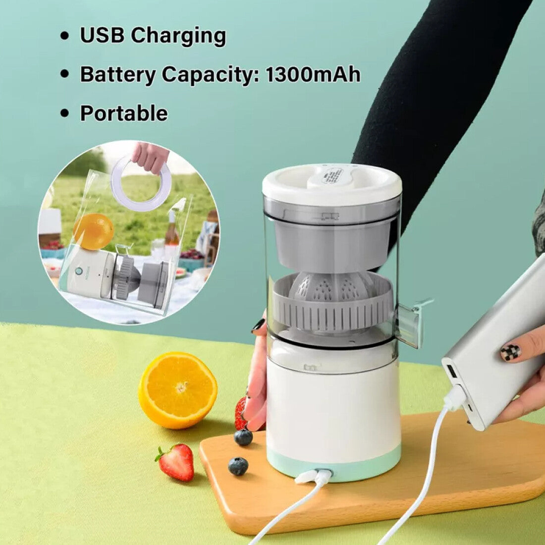 Portable Electric Fruit Juicer Citrus Press for oranges, lemons, and limes