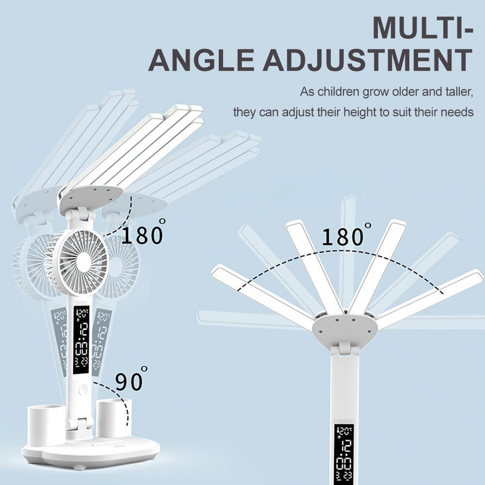 Portable 4 Head LED Desk Lamp with Adjustable Heads, Fan and Clock Display