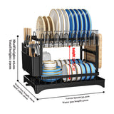 Premium 2 Tier Kitchen Sink Dish Drainer Rack with Drip Tray & Cutlery Holder in black with double-layer design.