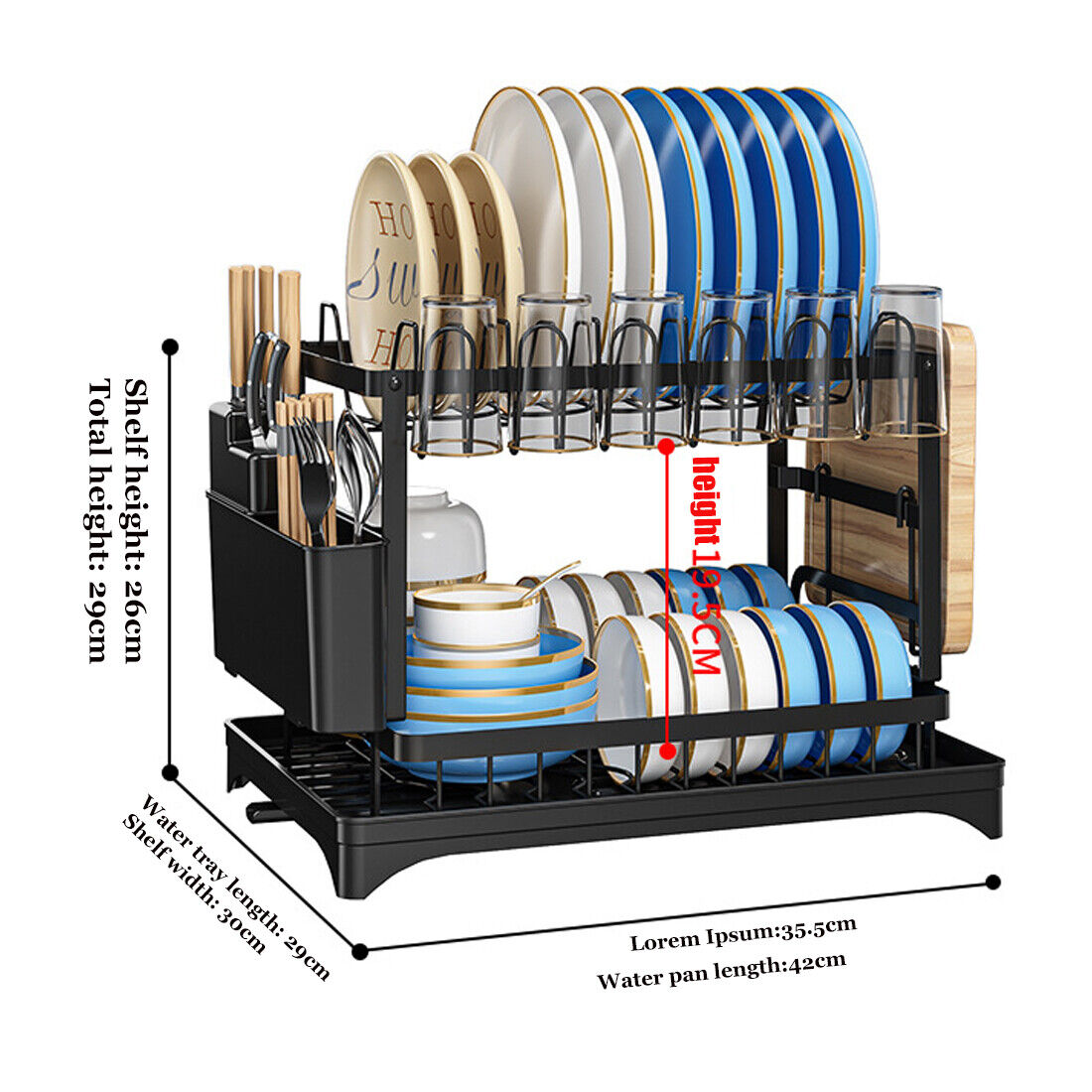 Premium 2 Tier Kitchen Sink Dish Drainer Rack with Drip Tray & Cutlery Holder in black with double-layer design.