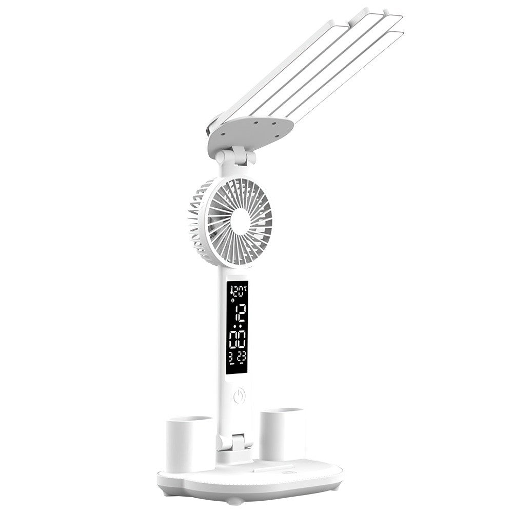 Premium 4 Head LED Table Lamp with Fan, Clock and Touch Adjustable Brightness for Bedroom Office Desk