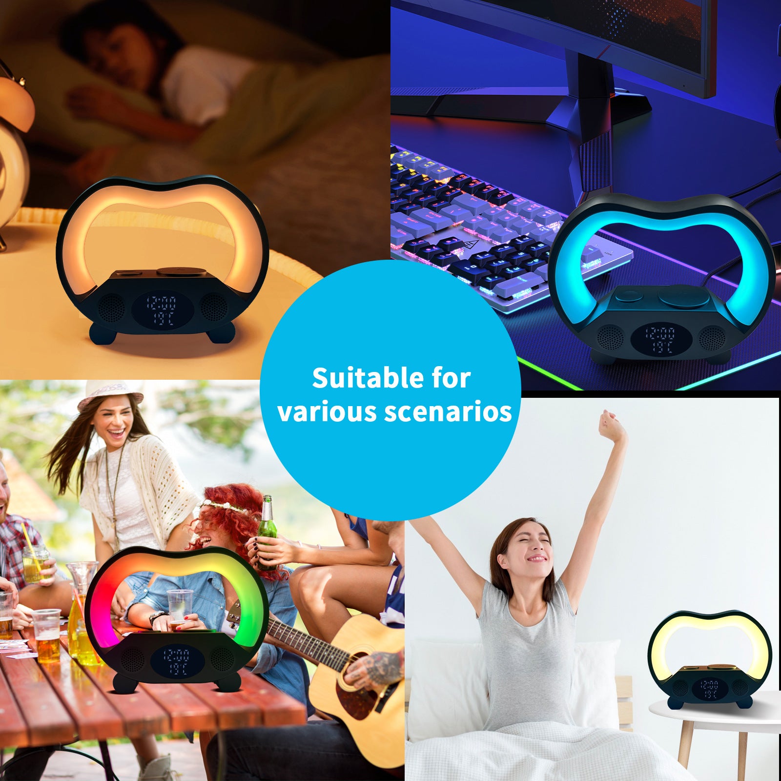 RGB night light with digital alarm clock for bedside or office use