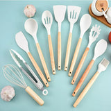 Premium Silicone Kitchen Utensil Set with Wooden Handles Non Stick Cookware Safe
