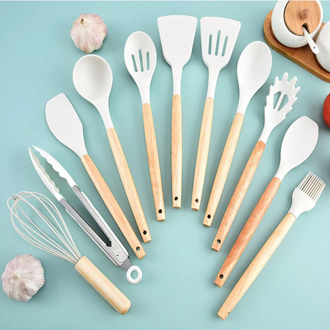 Premium Silicone Kitchen Utensil Set with Wooden Handles Non Stick Cookware Safe