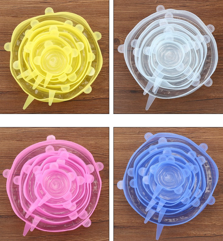 Close-up of reusable silicone stretch lids showing flexible airtight seal