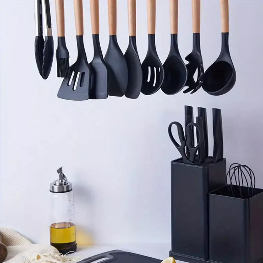 Silicone Spatula Ladle Whisk Kitchen Utensil Set with Wooden Handles