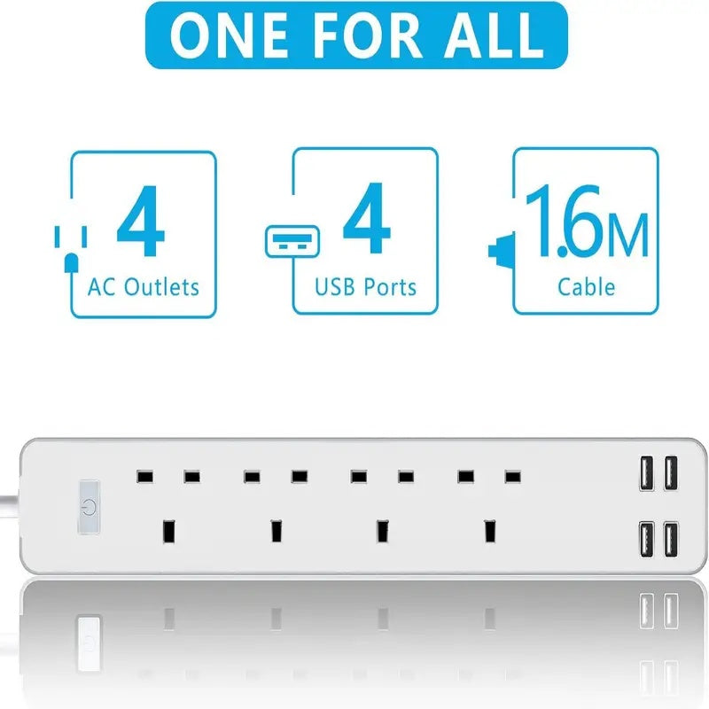 Smart 4 Way Extension Lead with 4 USB Ports Fast Charging UK Power Extension