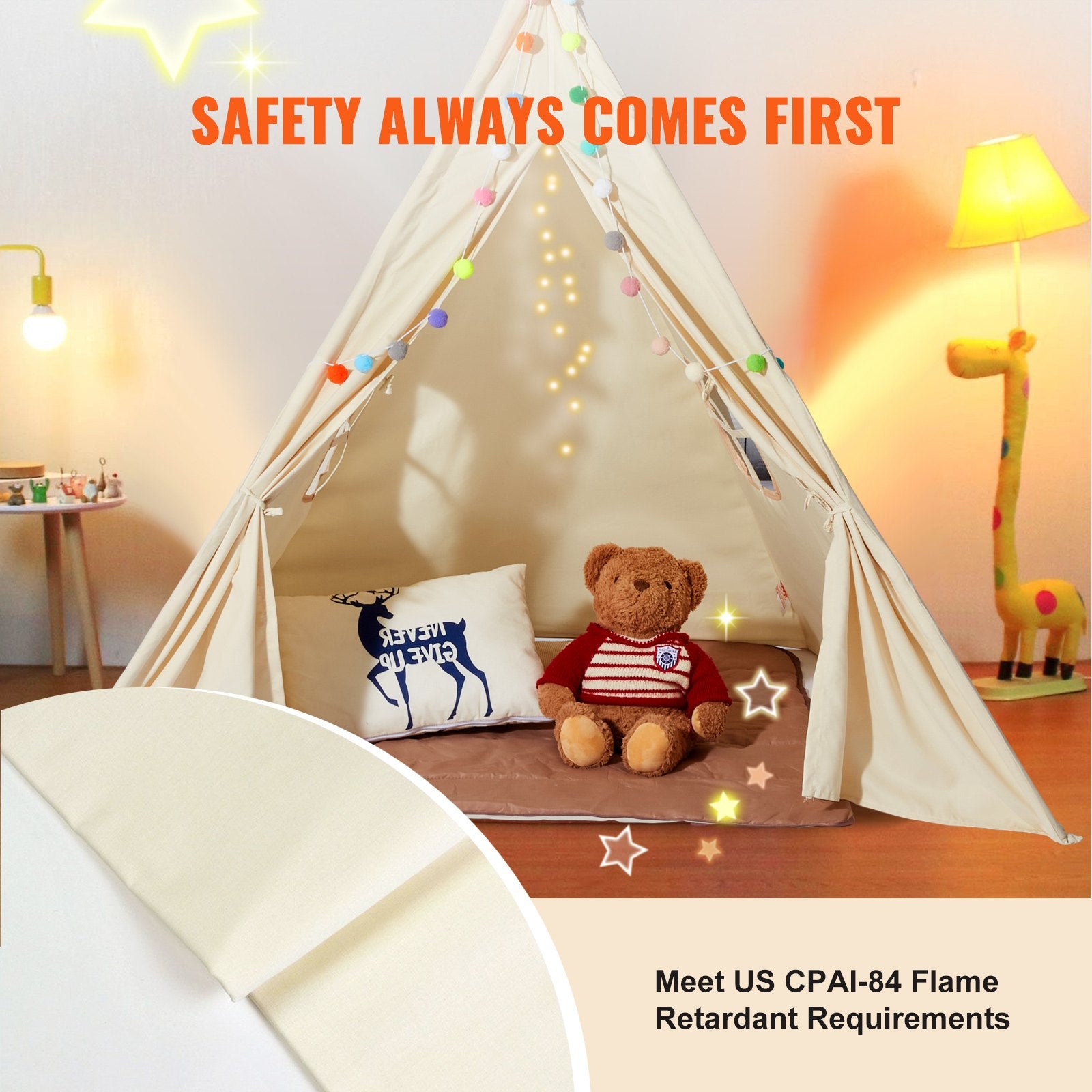 Toddler Teepee Tent with Plush Decorative Balls, Safe Indoor Play Tent for Kids Ages 1-5