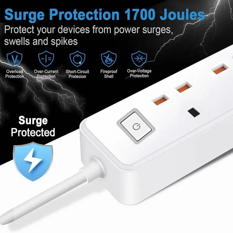 UK 4 Socket Extension Lead with 4 USB Charging Ports for Home Office and Travel