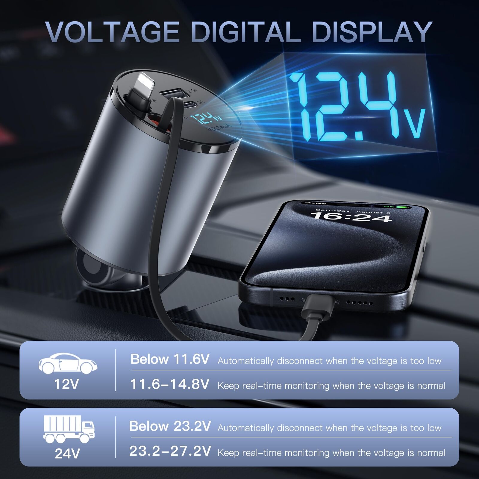 USB-C USB-A Retractable Car Charger 120W PD QC Fast Charging Adapter