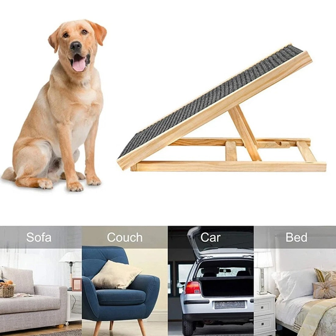 Wooden Dog Ramp for Car Boot, Bed & Couch – Adjustable Folding Pet Ramp with Non-Skid Surface